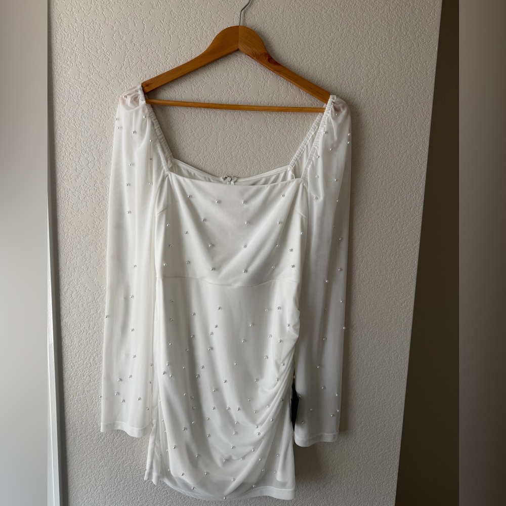 Lulu's Ivory Mesh Pearl Long Sleeve Mini Dress